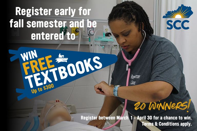 register early for fall classes between march 1 - april 30 for a chance to win $300 textbooks 